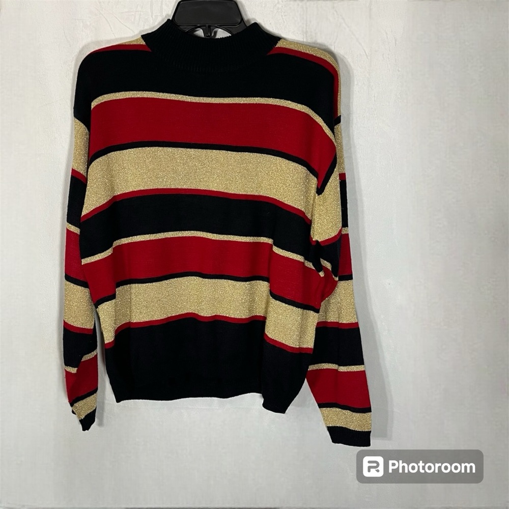 Vintage Lise J  Women Mock Neck Red Black Gold Grlitter‎ Striped Sweater Size L